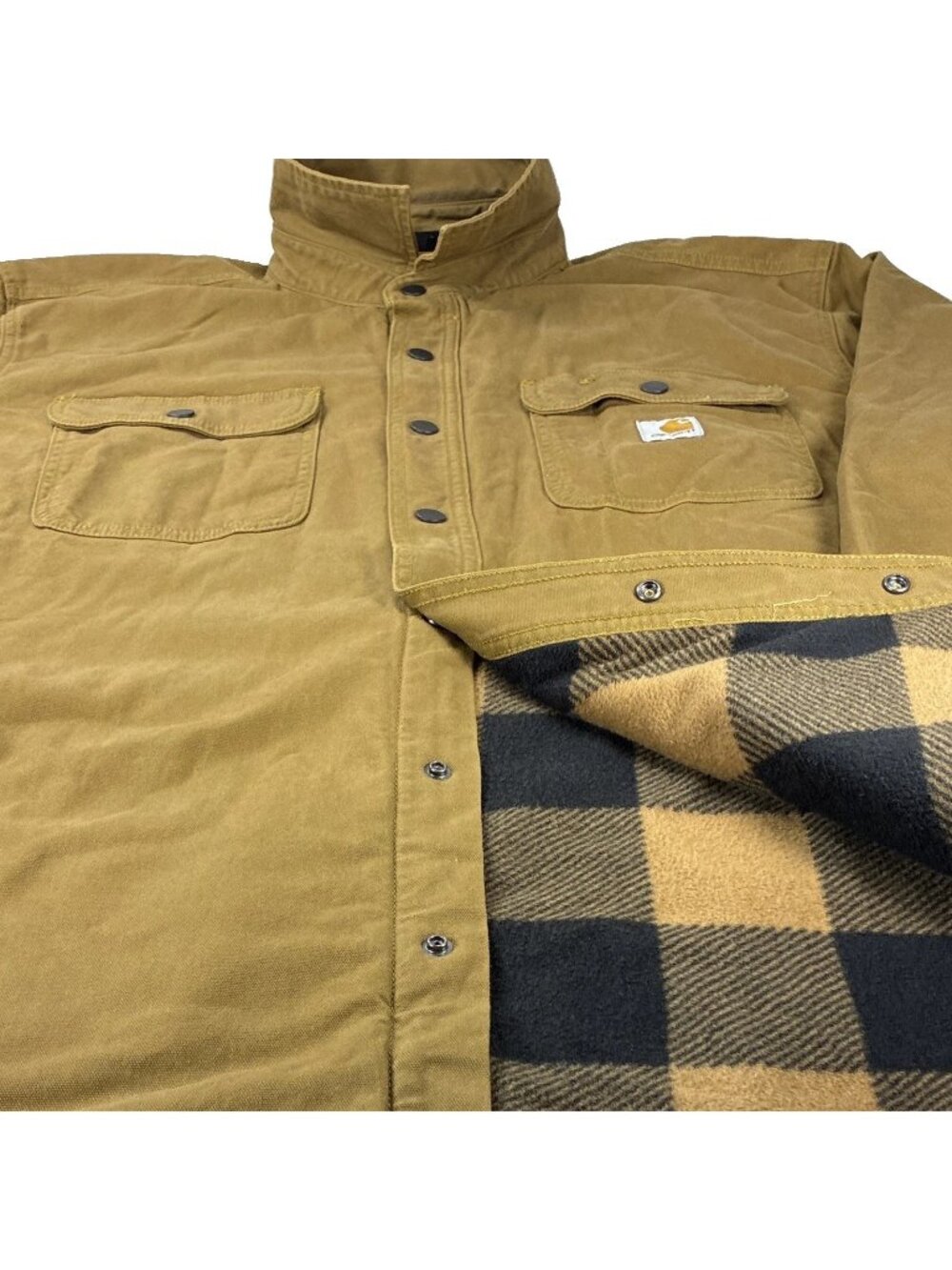 Carhartt Men XL Relaxed Fit Canvas Lined Plaid Button Shirt Jacket Brown 105419